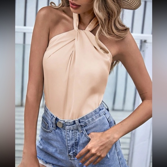 Luxe boho solid dusty pink minimalist satin feel halter top - Picture 1 of 5